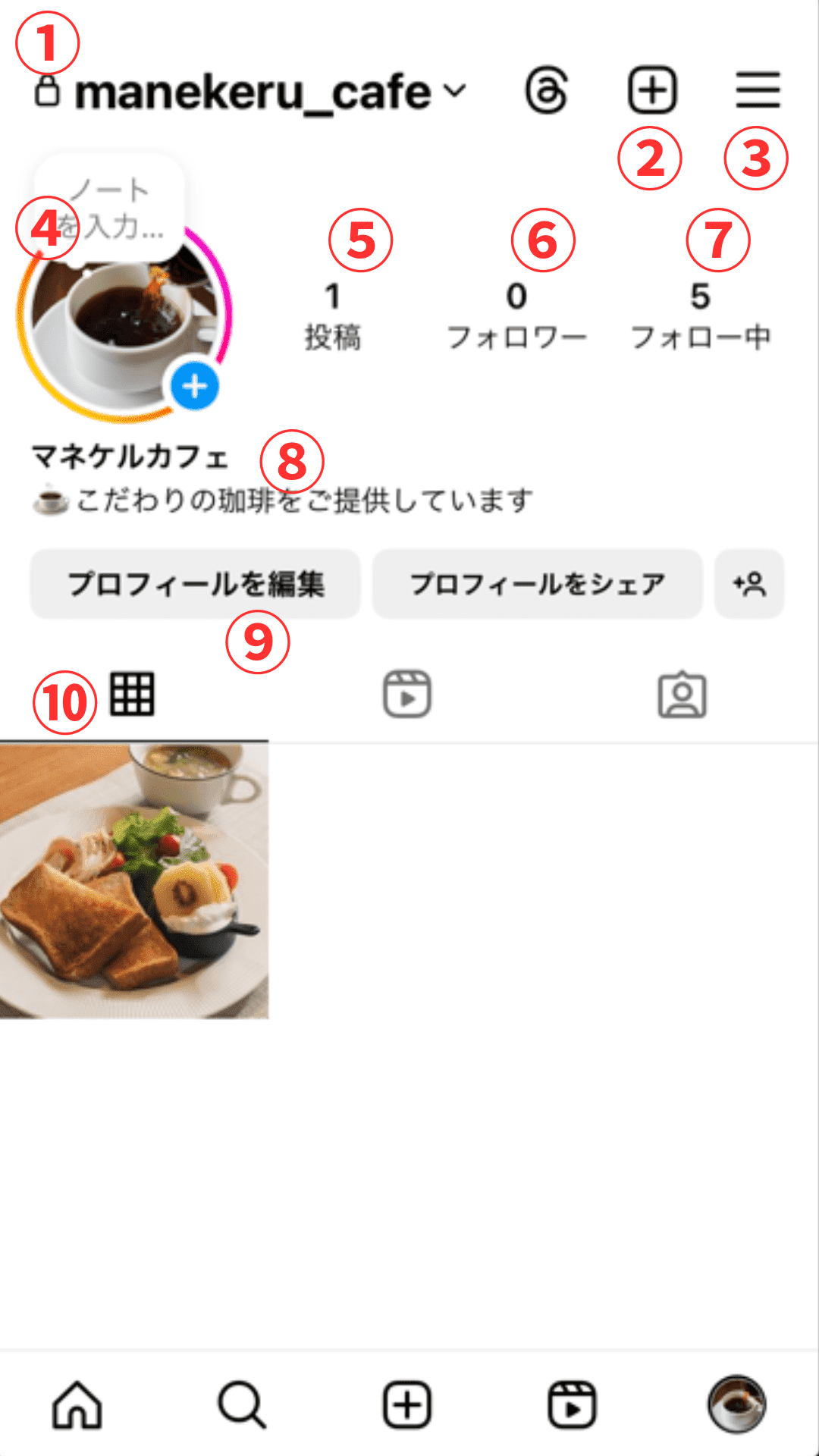 Instagramのプロフィール画面